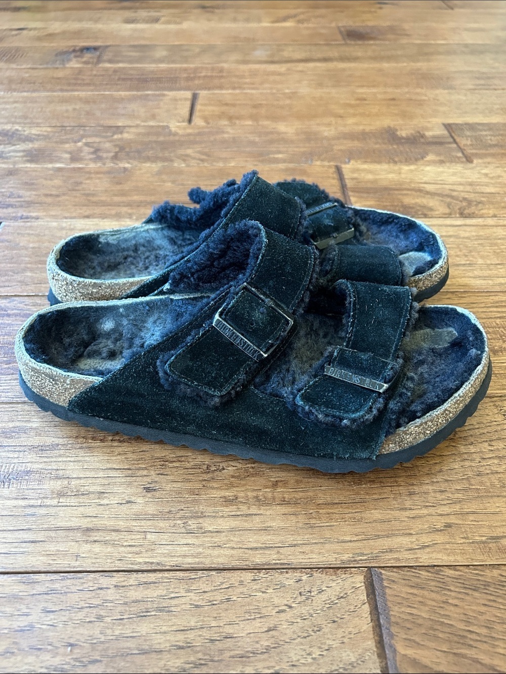 Birkenstock Arizona Shearling Sandals Black Suede Size 41 / Womens 10